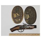 Masoic  Brass 7"  Plaques BK 1929 & Toy Gun