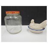 Vintage Ceramic Hen on a Nest & Vintage Jar w Lid