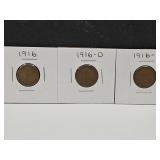 1916 Wheat Pennies All 3 Mint Marks VGC
