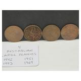 4 Australian Lg. Pennies 1942, 1943, 1951, & 1964