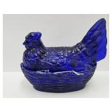 Vintage L..G. Wright Cbalt Hen on a Nest  5 1/2"