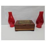 Dresser Box & 2 Red Oil Lamp Chimneys