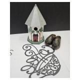 Birdhouse, Wooden Shoe, Metal Flower Frog+