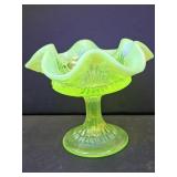 Fenton Uranium Ruffled Glass Compote  6" x 5" h