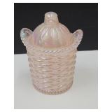 Pink Fenton Irridescent Glass Covered Basket 3" h