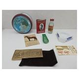 Old Adv. Tins, Ash Tray, Pluto Bottle +
