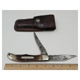 Shrade 2 Blade Knife w Leather Sheath