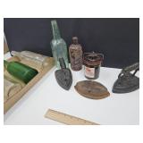 Red Rooster food Crock & Sad Irons, Bottles
