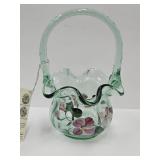 Fenton Handpainted & Signed Glass Basket  6 1/2"h