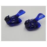 2 Cobalt Glass Birds Marked M 3" Long