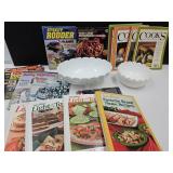 Lot of Cook Books, MIlk Glass, St. Rodder +