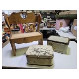 Vintage Wood Bench & Metal Bread Boxes
