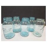 5 Vintage  Aqua Blue Ball Jars