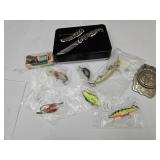 Fishing Lures, Belt Buckle, & Knives w/Tin