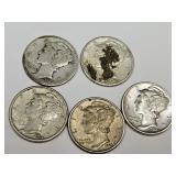 5 Mercury Silver Dime Coins