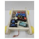Vtg Toys Pull Along Wagon w Metal & Tin Vehicles