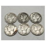 6 Silver Mercury Dime Coins See Dates