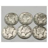 6 Silver Mercury Dime Coins See Dates