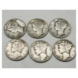 6 Silver Mercury Dime Coins See Dates