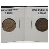 2 Indian Head Cent Coins 1886 & 1906