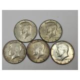 5  1968 40% Silver  Kennedy Half Dollar Coins