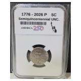 New 2026 P 5 Cent  UNC. Nickel 250th Year