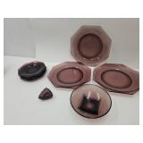 9.5" W Amethyst Plates & 6.5" Saucers, Bowl +
