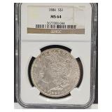 Graded 1886  MS 64 Silver Morgan Dollar Coin