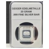 Geiger Edelmetalle 20 Grams .999 Fine Silver Bar