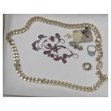 Costume Jewelry LT Ring Sz 9, Gold-toned Chain +