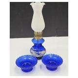 Cobalt Oil Latern 9"H, & Candle Holders