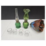 2 Oil Lamps 8.5"H , Stained Glass Shade +