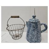 8" W Metal Basket & Ceramic Spongeware Pot