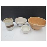 Lot of Crock Bowls, Utensil Jar, Roseville, +