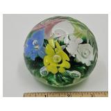Joe Rice Etched & Flowers Glass Paperweight