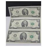 3 Crisp Consecutive Serial Number $2 currency Bils