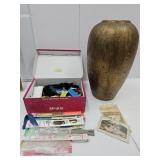 Lg Gold Vase, Box Zippers, VTG Postcard