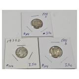 1939 41 S 41 D Silver Mercury Dimes Coins