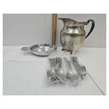Metal Pitcher, Nambe Dish, Spoons