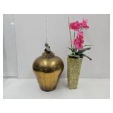 Hammered Brass Vase 11"H, & Vase w Orchid