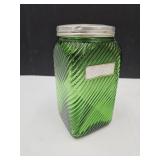 VTG Green Glass Coffee Canister with lid 7"H