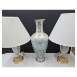 42" Mirrored Vase & 2 Glass Table Lamps