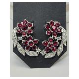 VTG Red & White Rhinestone Clip Earrings See Mark