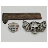 Mens Ring sz 10.5,  Skull & Stanley Ruler,  4"