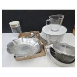 Nice Baffalo White Plates, Pitcher, Aluminum Ware+