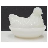 Vintage Milk Glass Hen on a Nest  4 1/4" Long