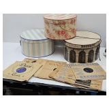 3 Vintage Hat Boxes, 1 Bottom Damaged & Records