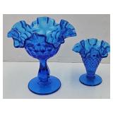 Vintage Blue Compote 6"h & Vase 4"h