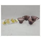 4 Amber Glass Cups & Lemon Butter Dish