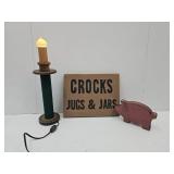 Farmhouse Primitive Home Decor- Candle, Pig, Sign